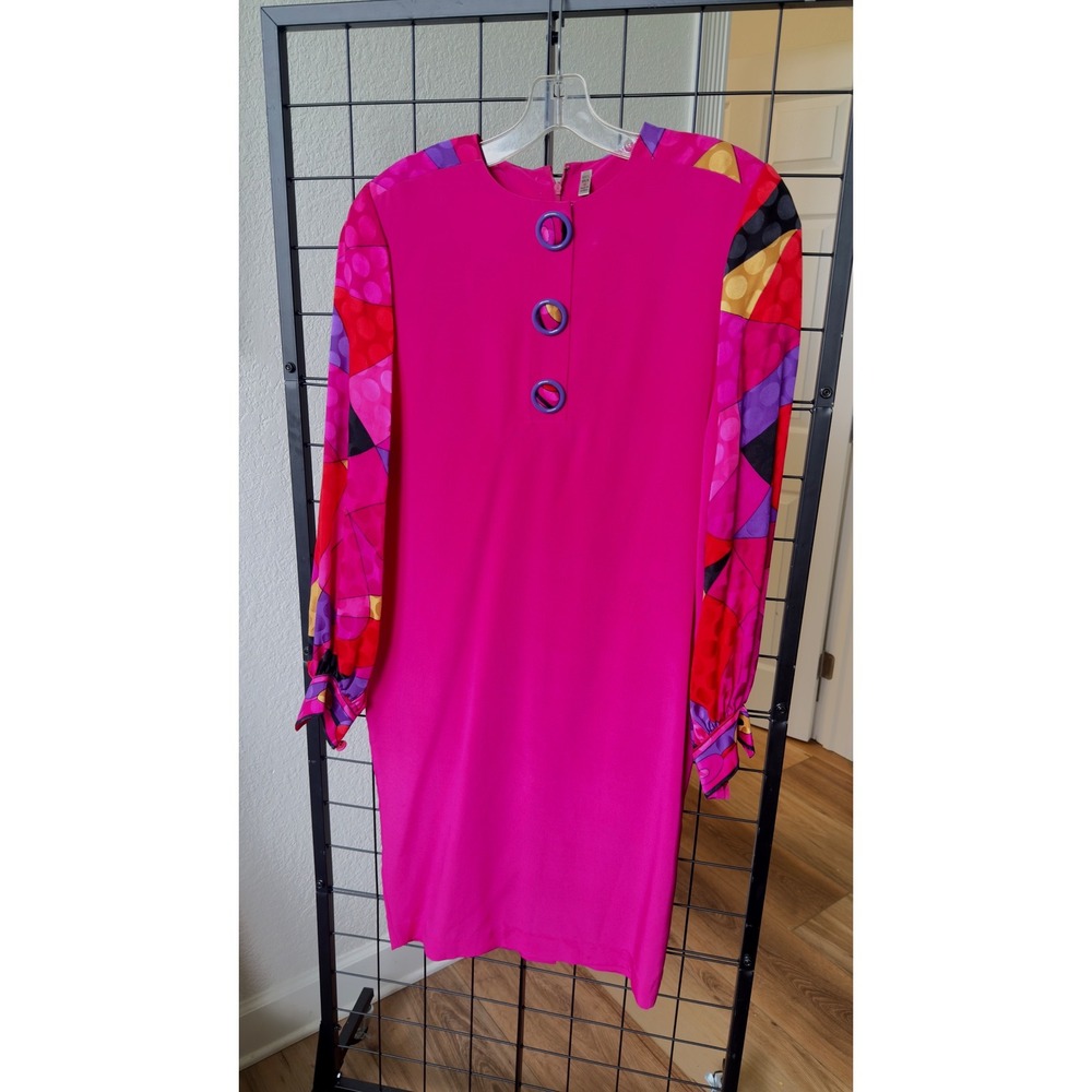 1980s Style Magenta 100% Silk Geometric Print Sleeve Shift Dress Size 6